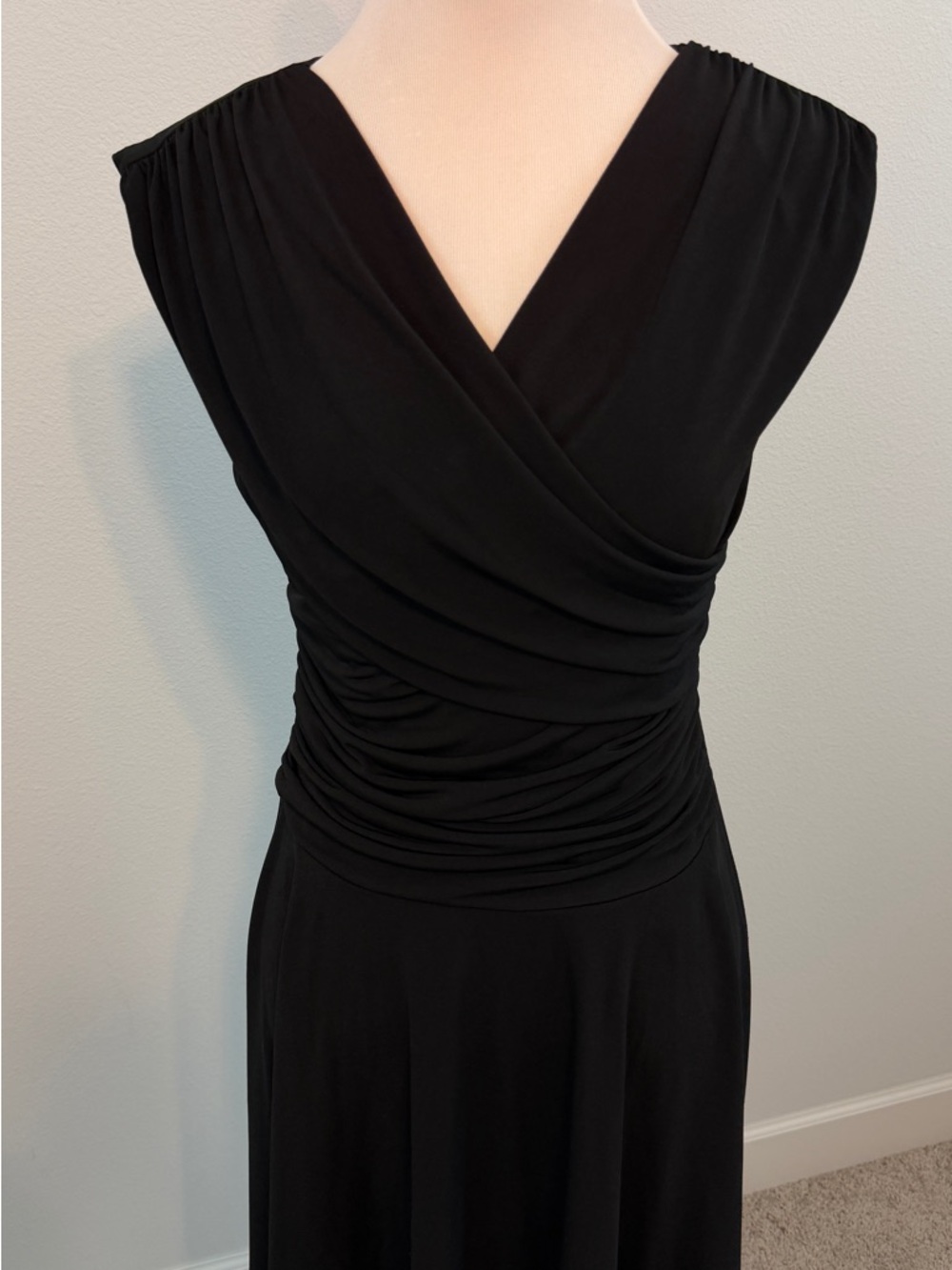 Boston Proper Black Ruched Wrap Midi Dress - Picture 3 of 9